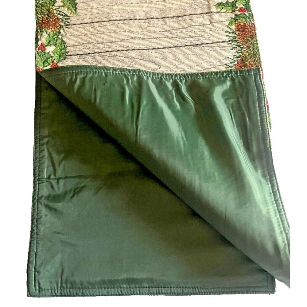 Christmas Holly Berries Table Runner Embroidered Tapestry Pinecone Rustic 13x72